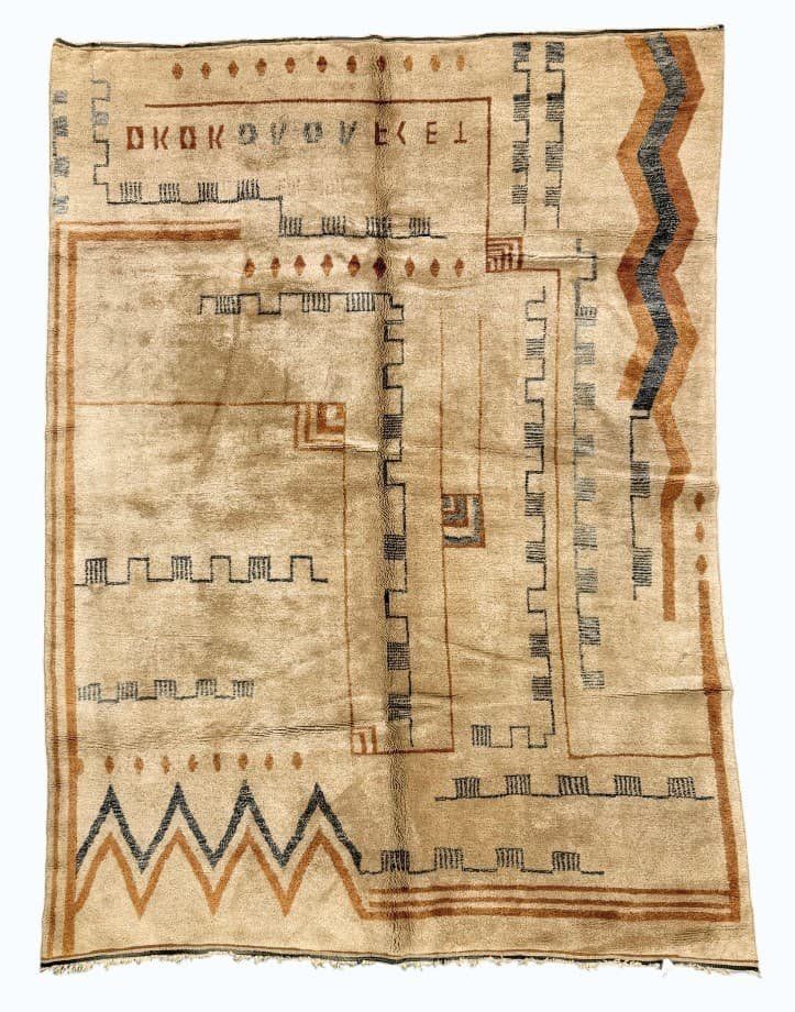 Desert Map hand-knotted Beni Ourain wool rug in sand ground with indigo and rust map-like motifs - Soufiane Zarib