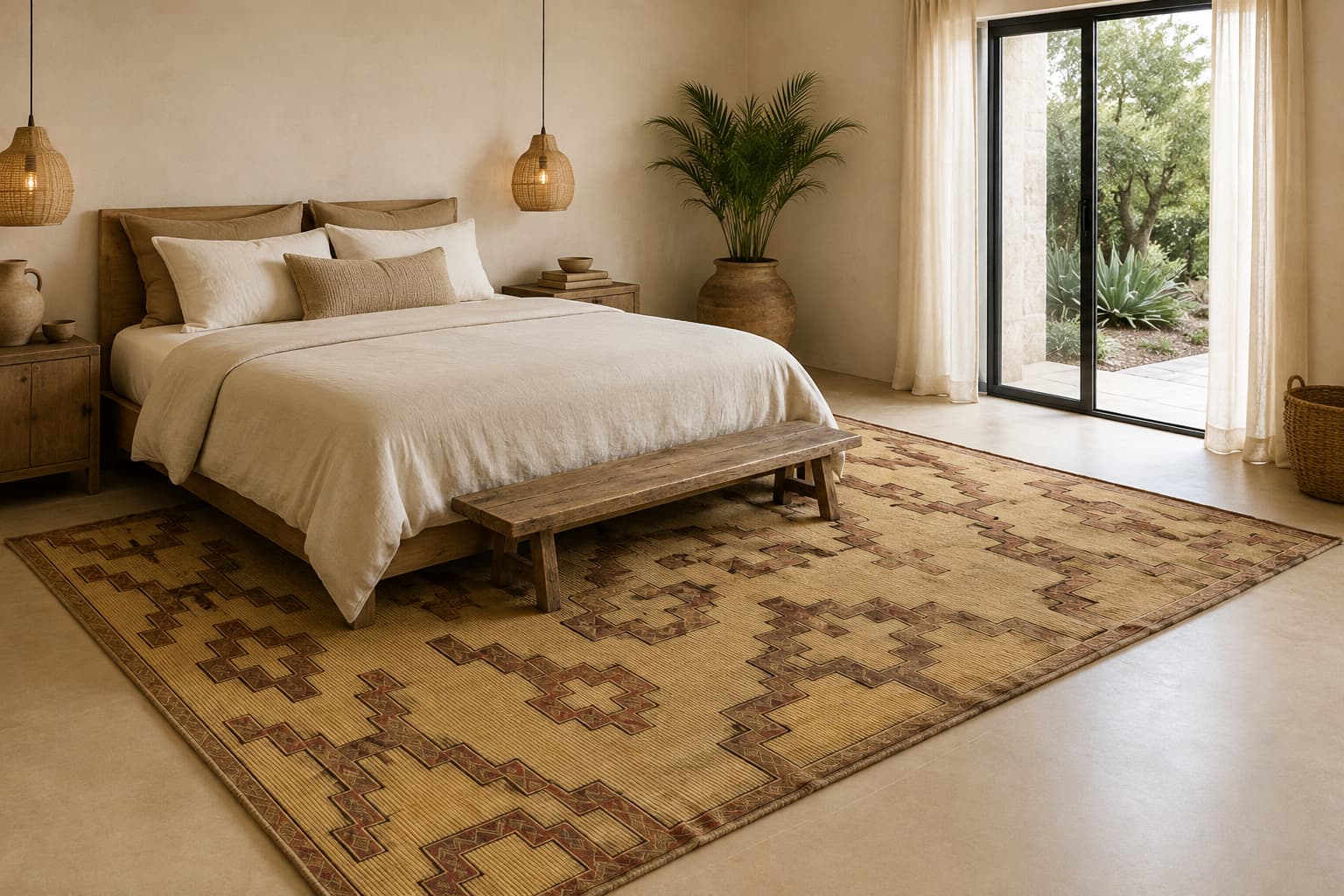 Tuareg reed mat with bold cross motifs in a warm, minimalist Moroccan bedroom - Soufiane Zarib