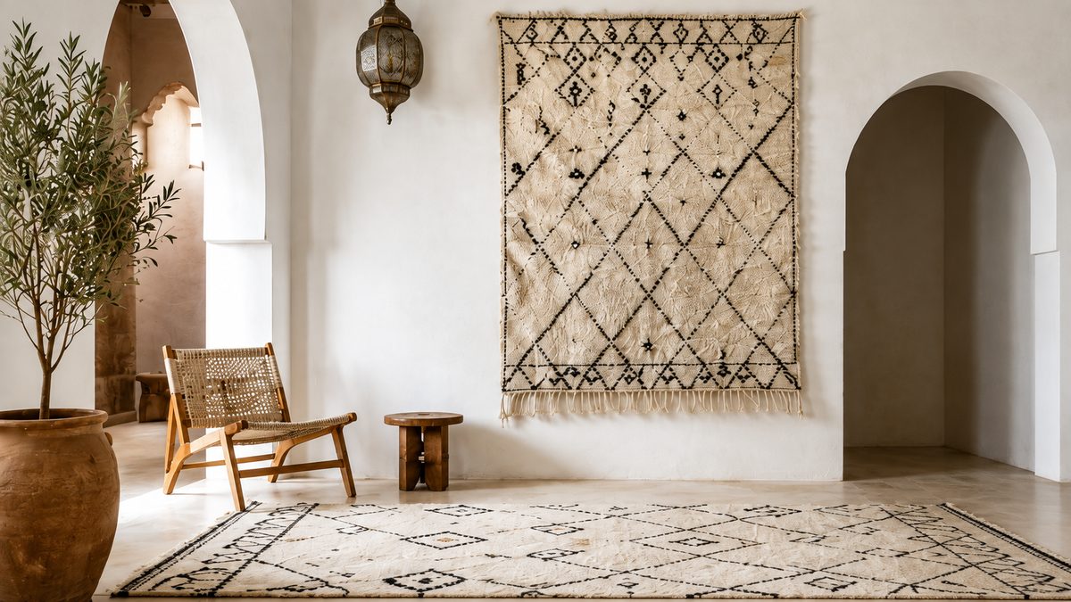 Beni Ourain wool rug hung in an arched Moroccan niche above a matching floor rug - Soufiane Zarib