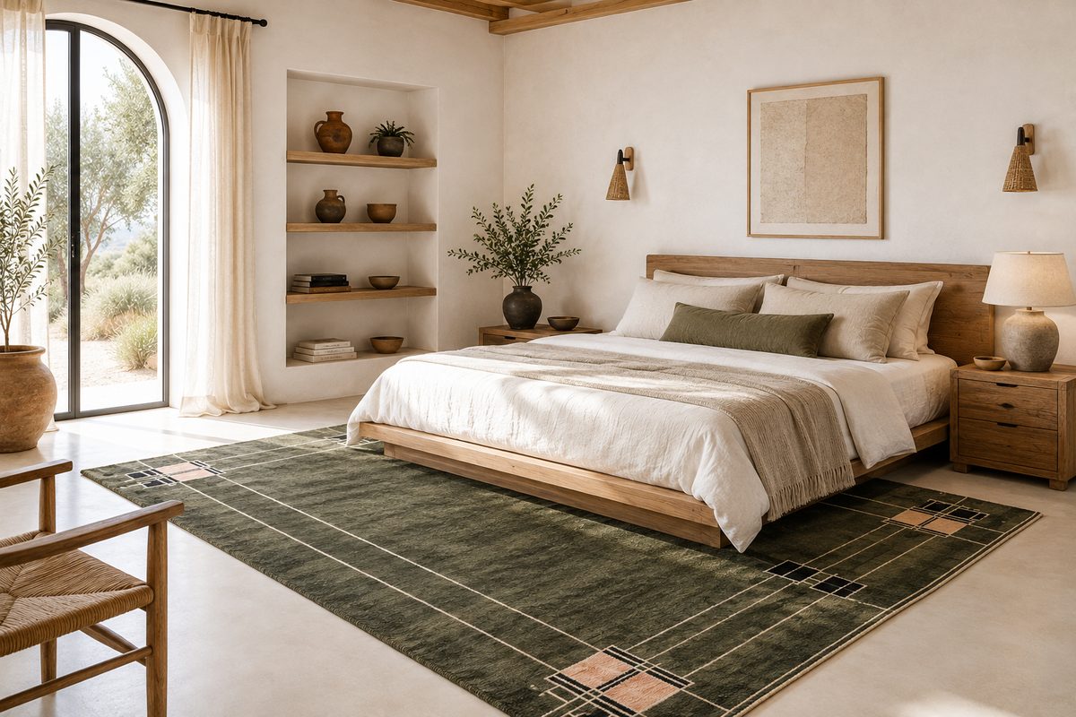 Newly arrived green Berber wool rug in a Moroccan bedroom - Soufiane Zarib