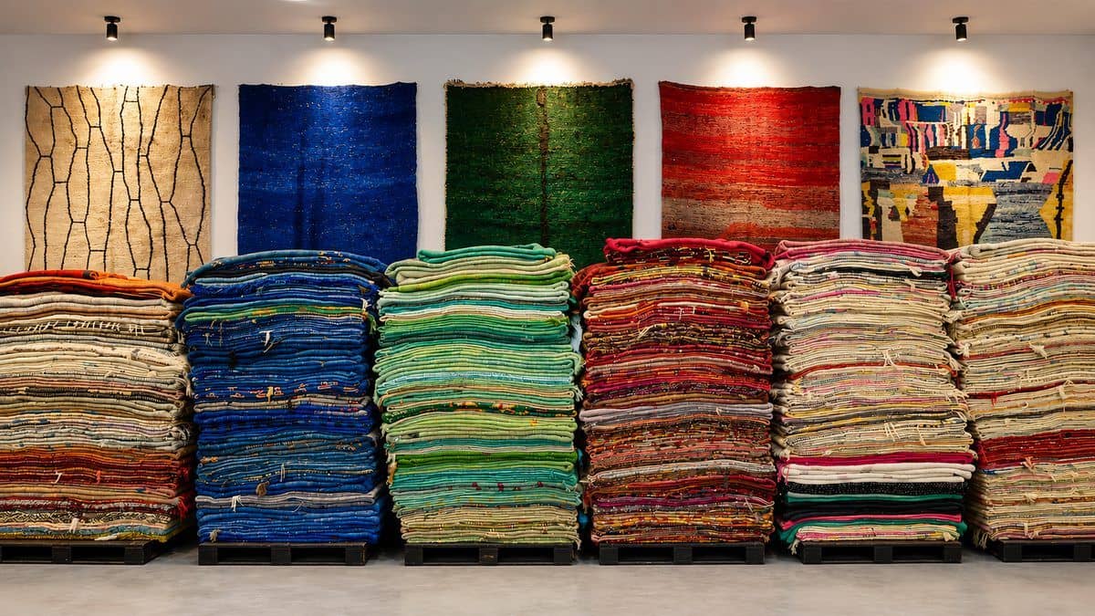 Stacks of vintage Berber rugs and kilims in the Soufiane Zarib archive, Marrakech