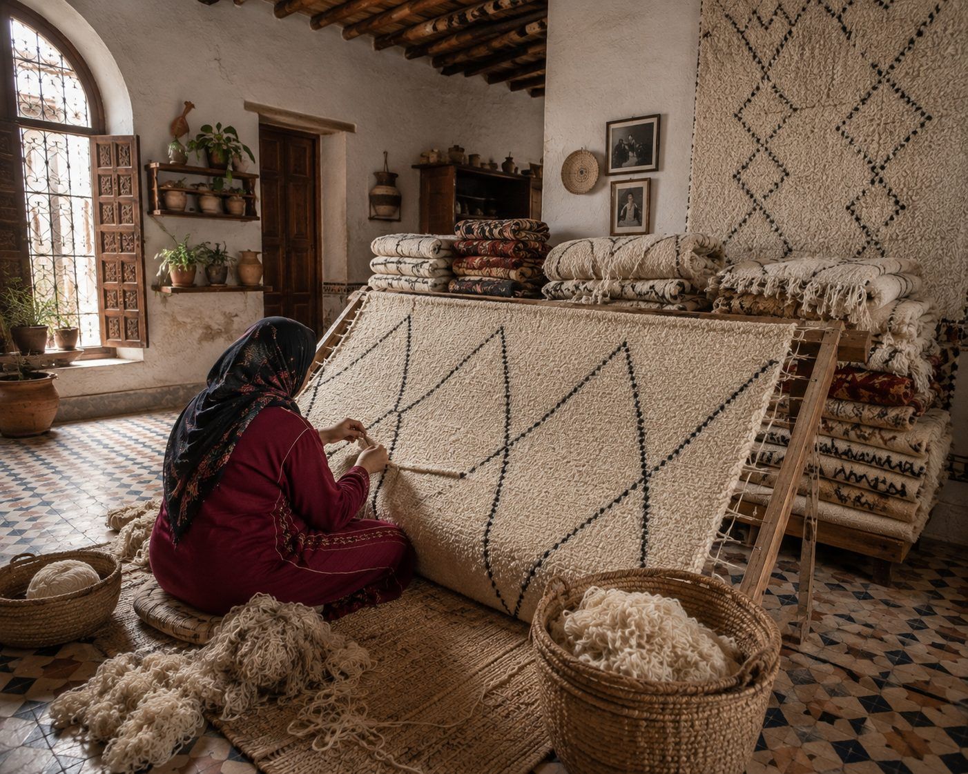 Berber artisan knotting a Beni Ourain rug by hand in a Moroccan riad