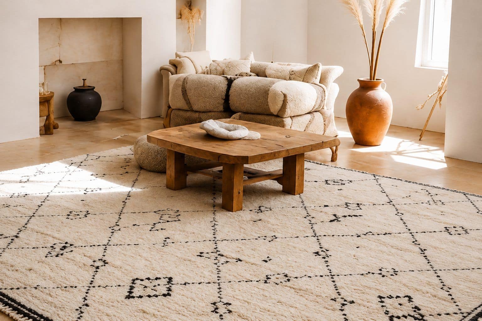 Authentic ivory Beni Ourain wool rug with charcoal diamonds in a Moroccan living room - Soufiane Zarib