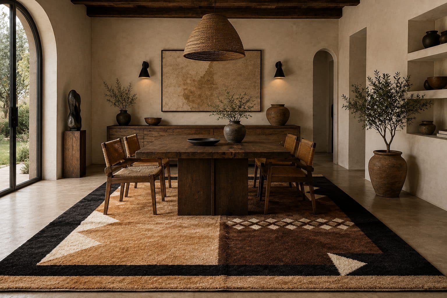 Hand-knotted Moroccan carpet under a dining table in an arched Marrakech riad - Soufiane Zarib