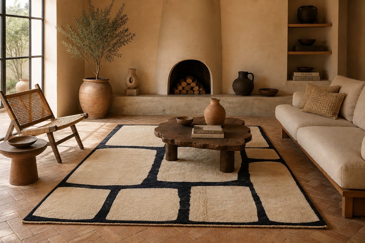 Graphic black and ivory Beni Ourain rug in a contemporary Moroccan interior - Soufiane Zarib