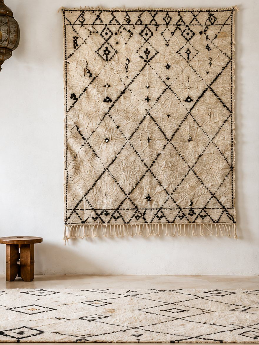 Hand-knotted Beni Ourain rug hung on a wall in a Moroccan interior - Soufiane Zarib
