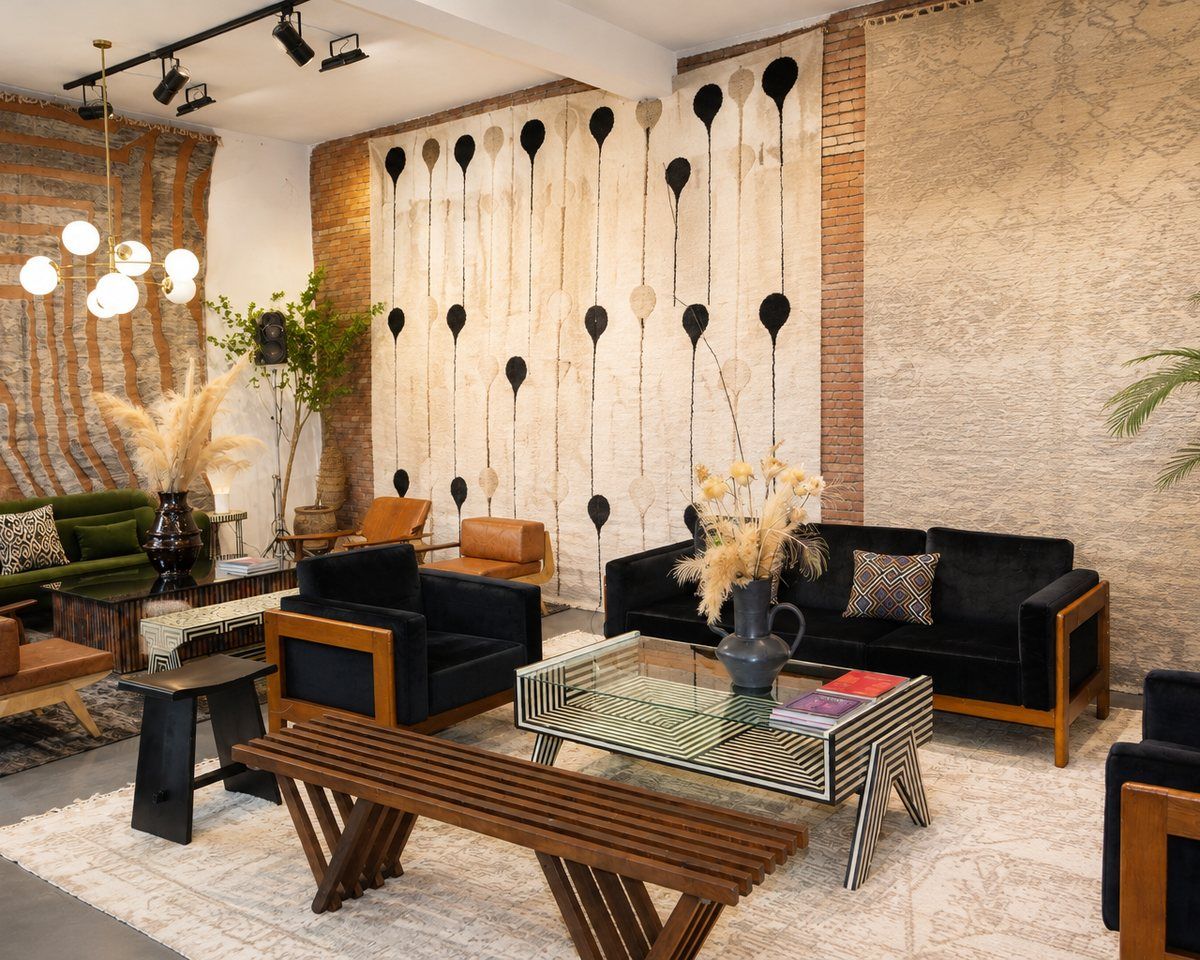 Inside the Soufiane Zarib showroom in Marrakech — hand-knotted Beni Ourain and vintage Berber rugs hung floor to ceiling above the seating