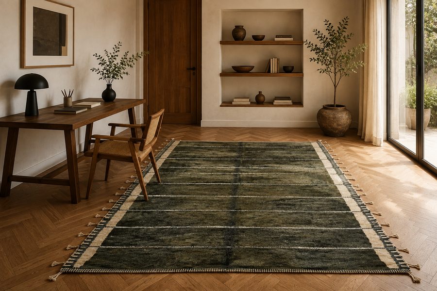 A vintage Berber kilim rug in a home office, chosen from the Soufiane Zarib archive