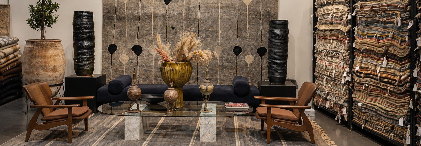 Stacks of hand-knotted Moroccan rugs beside a large hanging Berber carpet in the Soufiane Zarib gallery