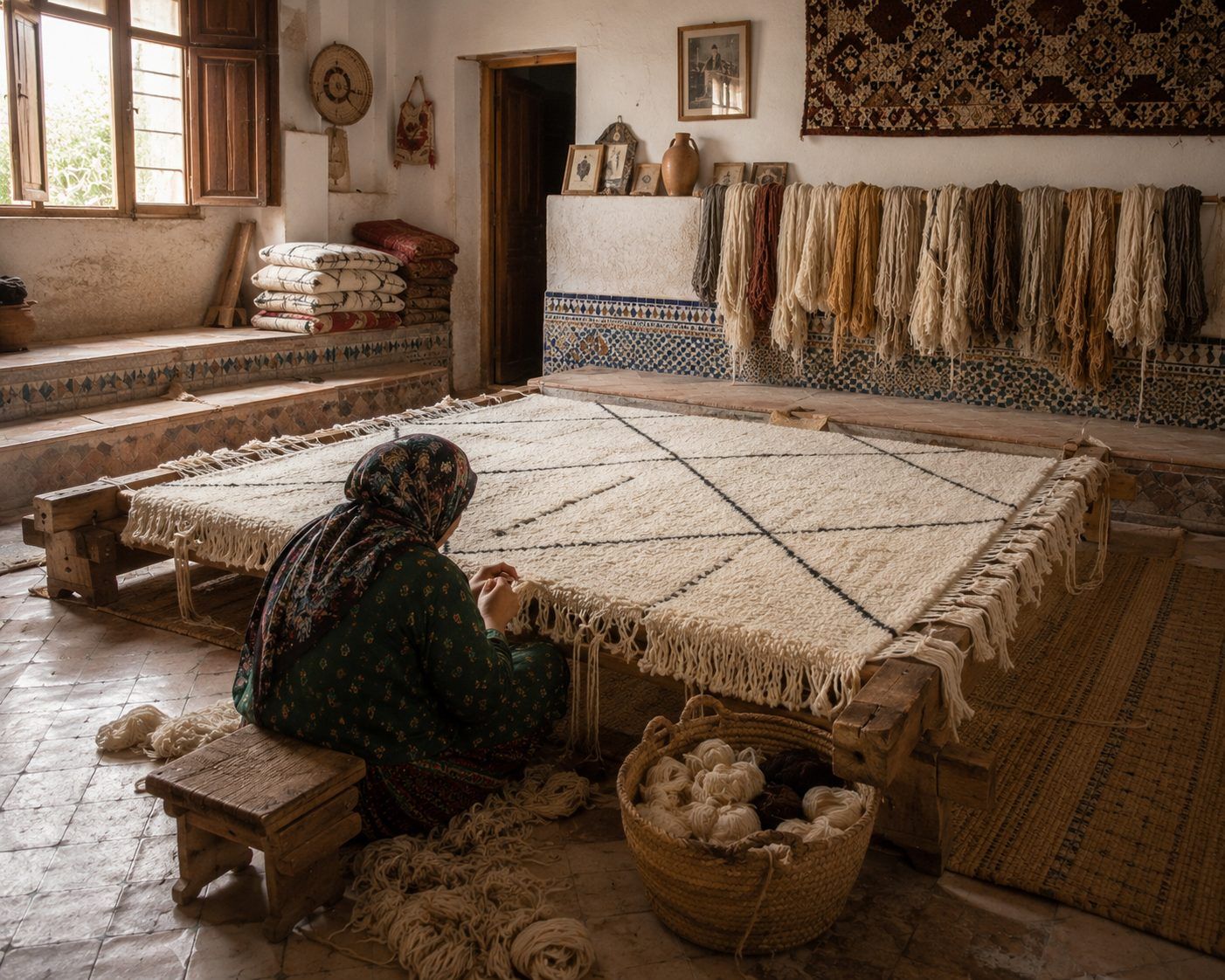 Berber weaver hand-knotting an ivory Beni Ourain rug from raw Atlas Mountain wool